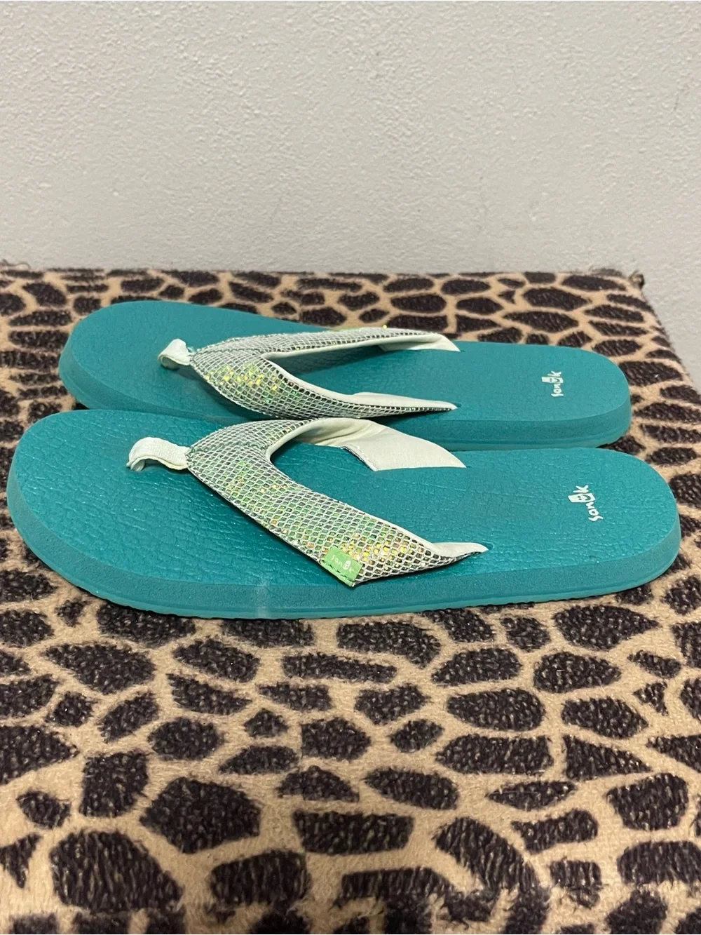 Sanuk Sequin Slip On Thong Summer Sandals Teal Green Y6-7